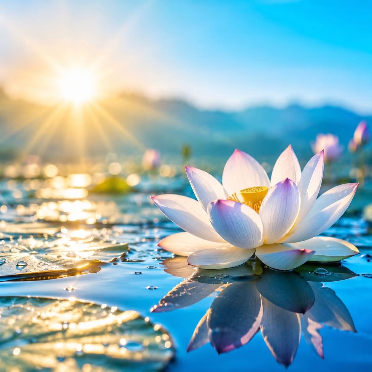 Lotus posé sur l'eau, au lever du soleil